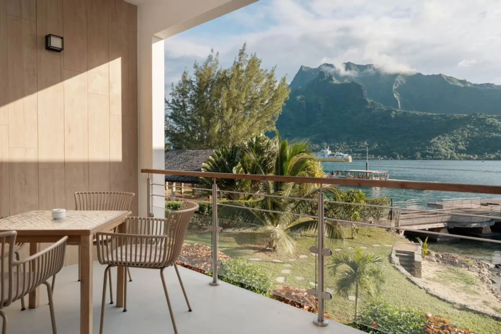 View of the mountains and the lagoon from the terrace of a suite at the Cook's Bay Hotel in Moorea, French Polynesia