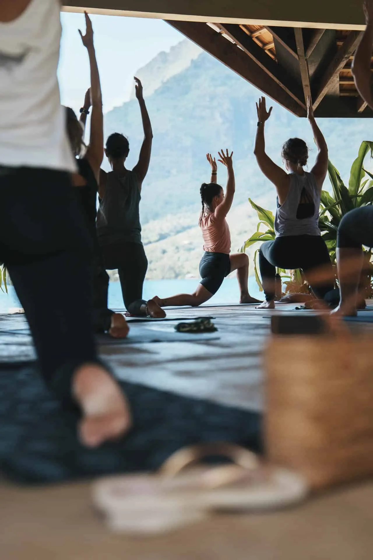 Group yoga brunch under a fare